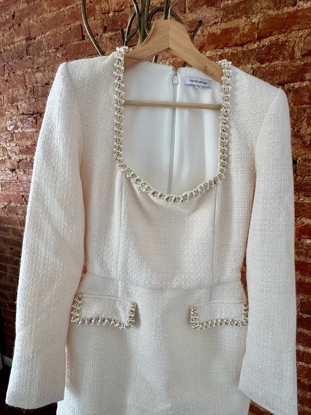 NADINE MERABI Ivory Pearl-Trim Tweed Dress